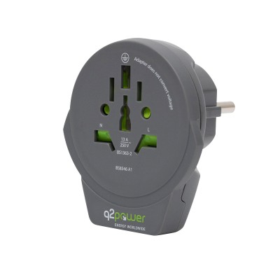 q2power 1.100110-TH utazóadapter, World to Europe USB, USB 5V 2.4A, max. 16 A, 250 V - 4000 W teljesítmény