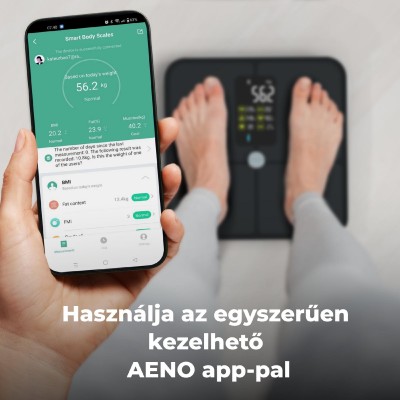 AENO ABS0002S BS2S testmérleg, 180 kg-ig terhelhető, SMART funkciók, profilok, BMI index elemzés, színes kijelző