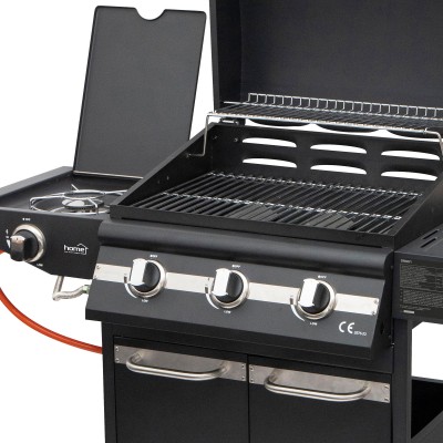 Home GRG01 gázgrill, 3 főégővel, 1 oldalégővel, 3,2 kW teljesítmény égőnként, nyomásszabályozó készlettel