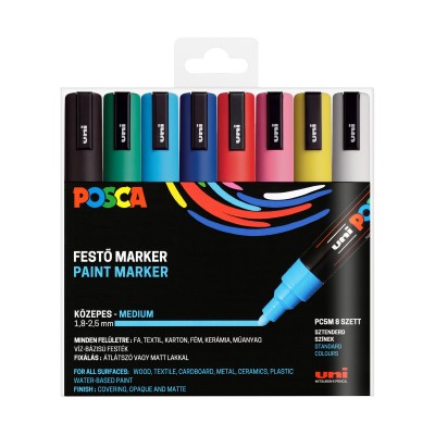 uni Posca PC-5M dekormarker készlet, 8db-os, megfordítható és cserélhető hegy 1,8-2,5 mm, vízbázisú festék, UV álló